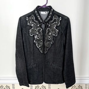 Chicos Blazer Gray Faded Black Denim Jacket S Embellished Sequins Beaded Stretch